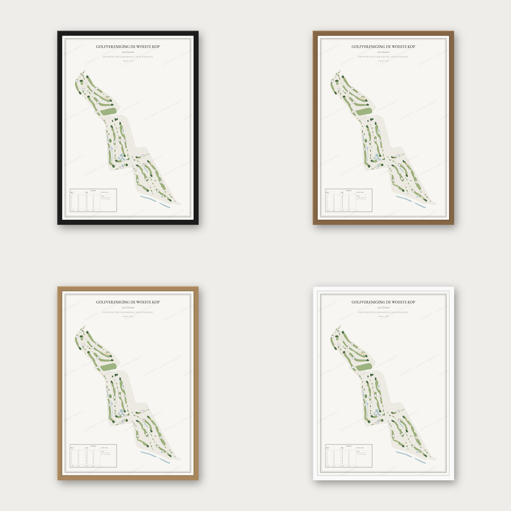 Golfvereniging De Woeste Kop kaartposter in vier lijstkleuren: zwart, donker eiken, licht eiken en wit