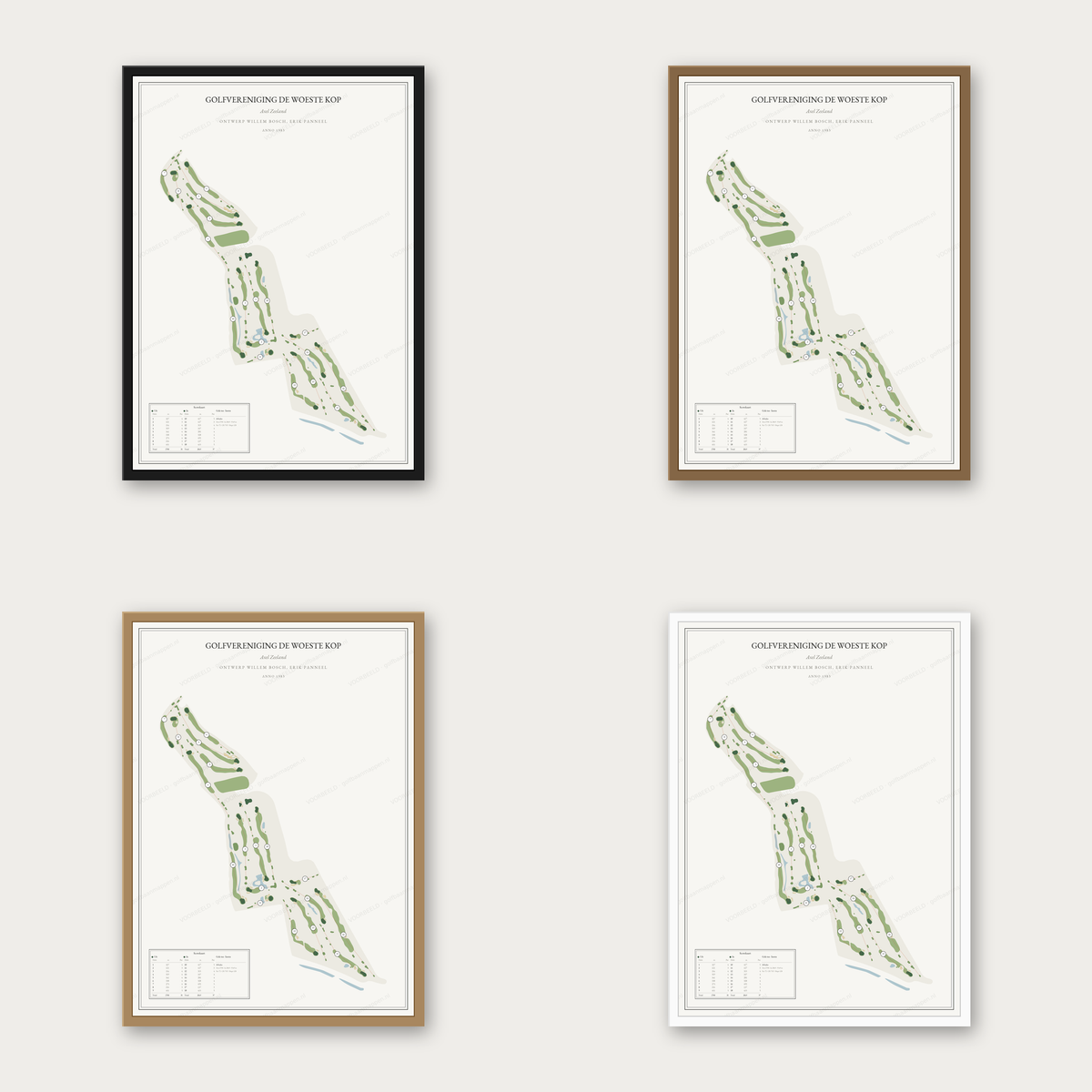Golfvereniging De Woeste Kop kaartposter in vier lijstkleuren: zwart, donker eiken, licht eiken en wit