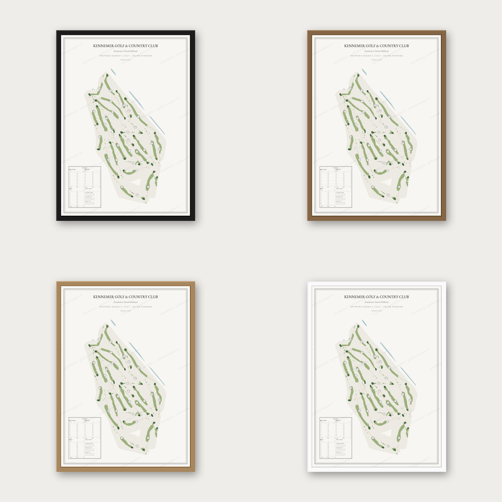 Kennemer Golf & Country Club kaartposter in vier lijstkleuren: zwart, donker eiken, licht eiken en wit