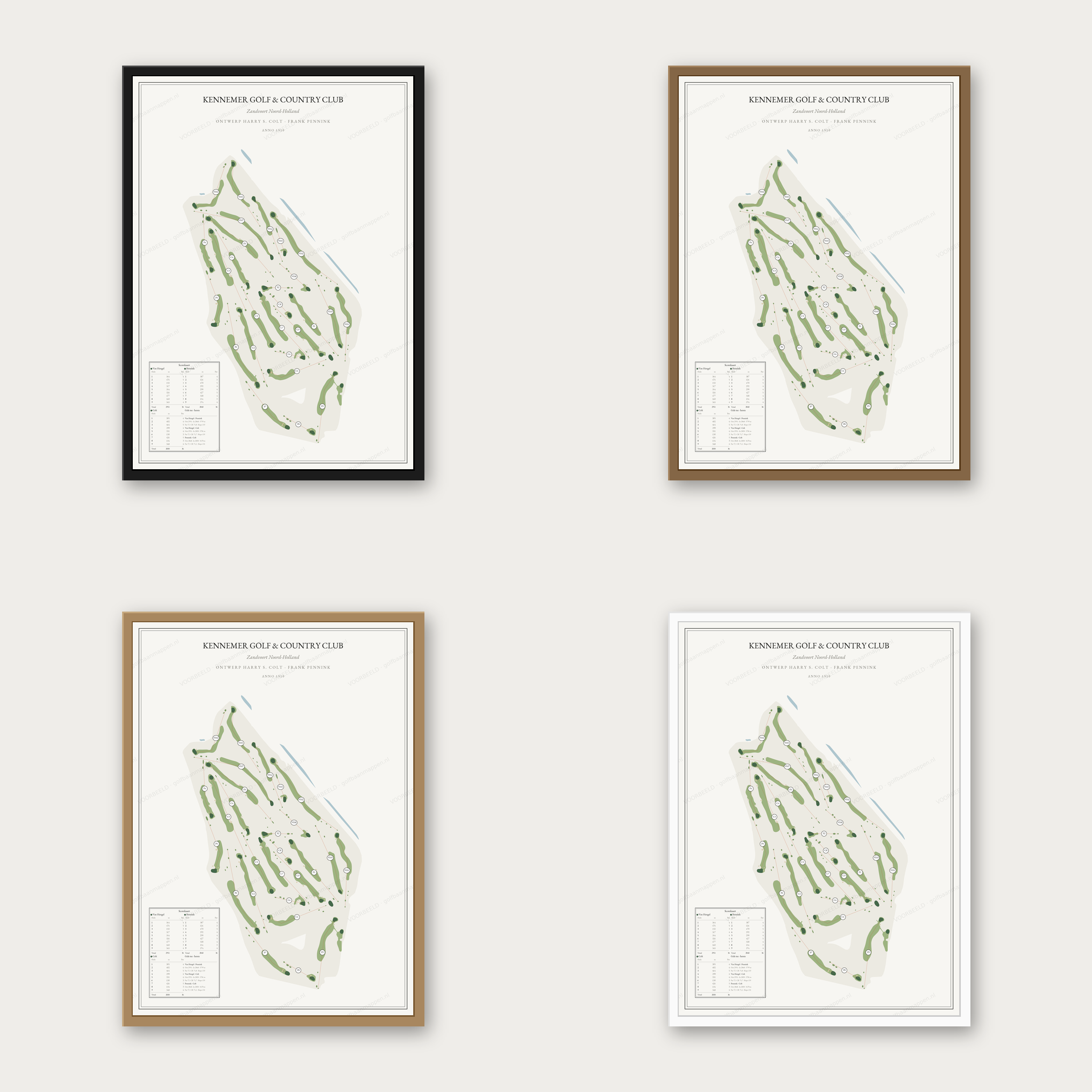 Kennemer Golf & Country Club kaartposter in vier lijstkleuren: zwart, donker eiken, licht eiken en wit