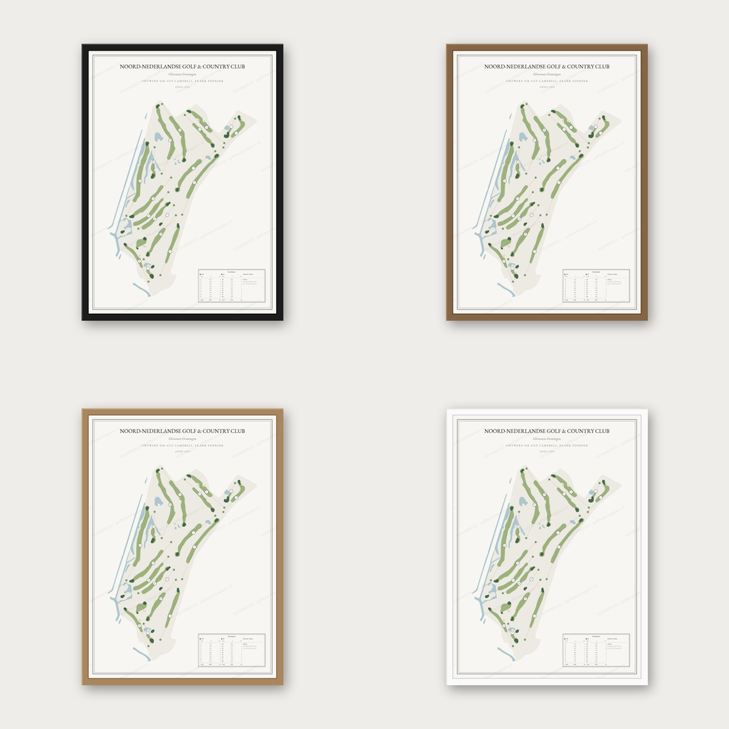 Noord-Nederlandse Golf & Country Club kaartposter in vier lijstkleuren: zwart, donker eiken, licht eiken en wit