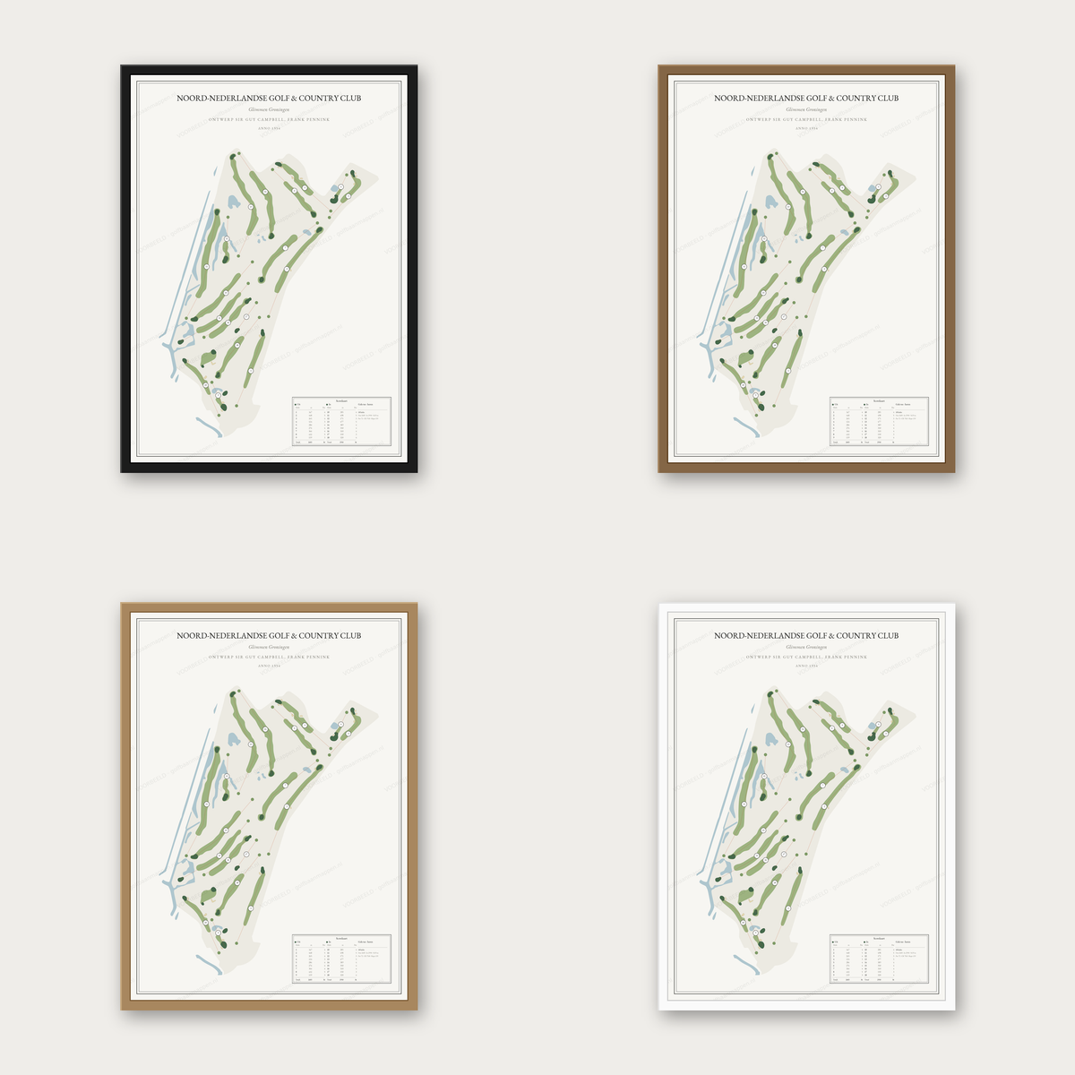 Noord-Nederlandse Golf & Country Club kaartposter in vier lijstkleuren: zwart, donker eiken, licht eiken en wit