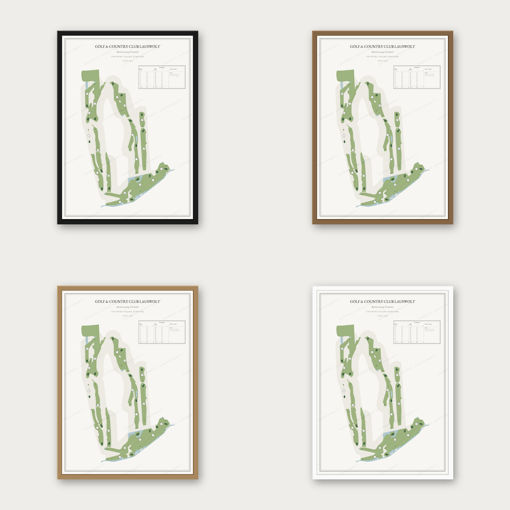 Golf & Country Club Lauswolt kaartposter in vier lijstkleuren: zwart, donker eiken, licht eiken en wit