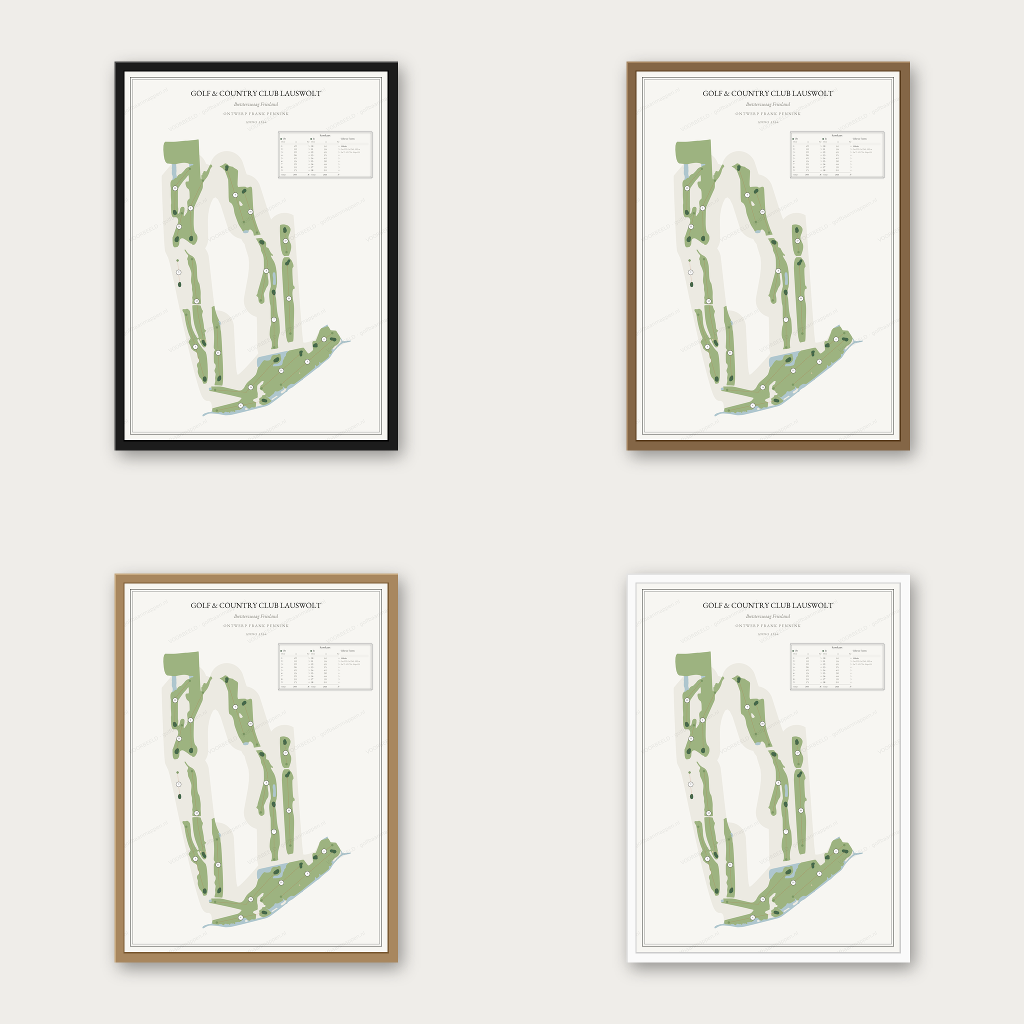Golf & Country Club Lauswolt kaartposter in vier lijstkleuren: zwart, donker eiken, licht eiken en wit