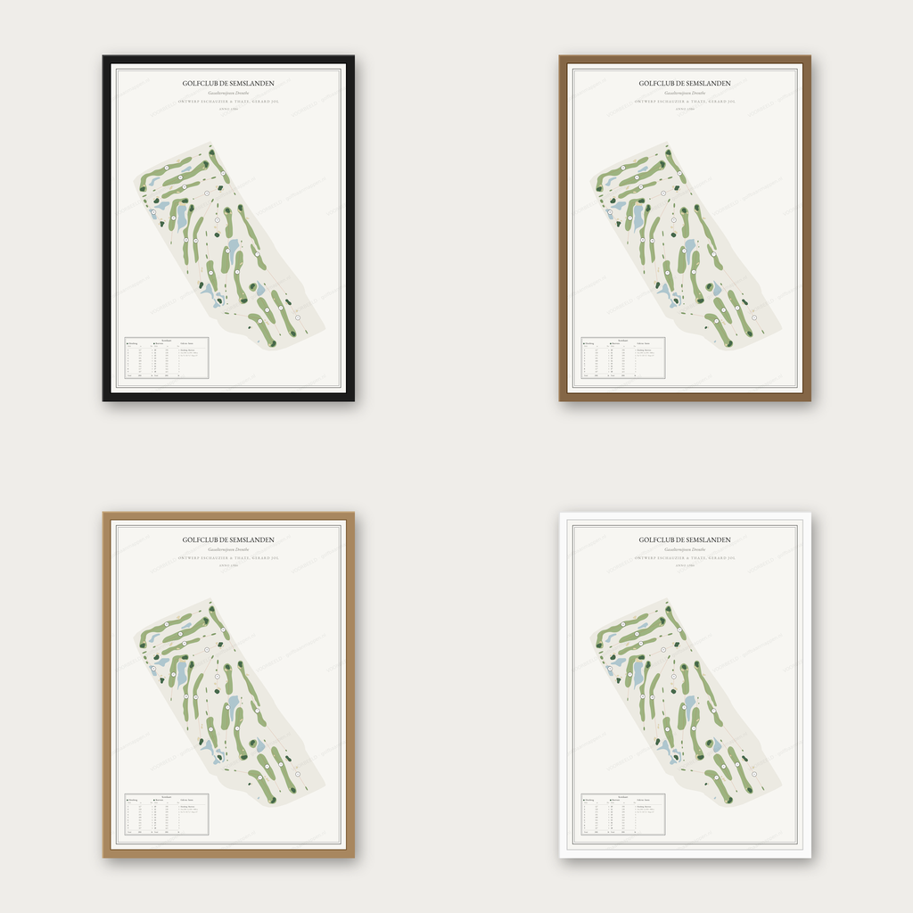 Golfclub De Semslanden kaartposter in vier lijstkleuren: zwart, donker eiken, licht eiken en wit