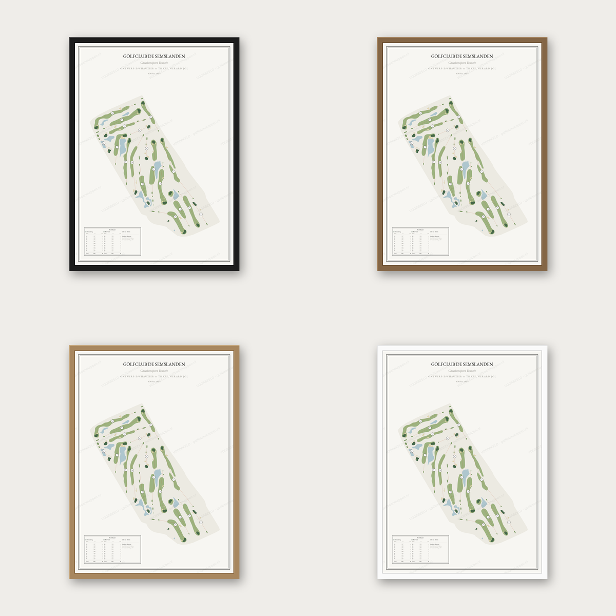 Golfclub De Semslanden kaartposter in vier lijstkleuren: zwart, donker eiken, licht eiken en wit