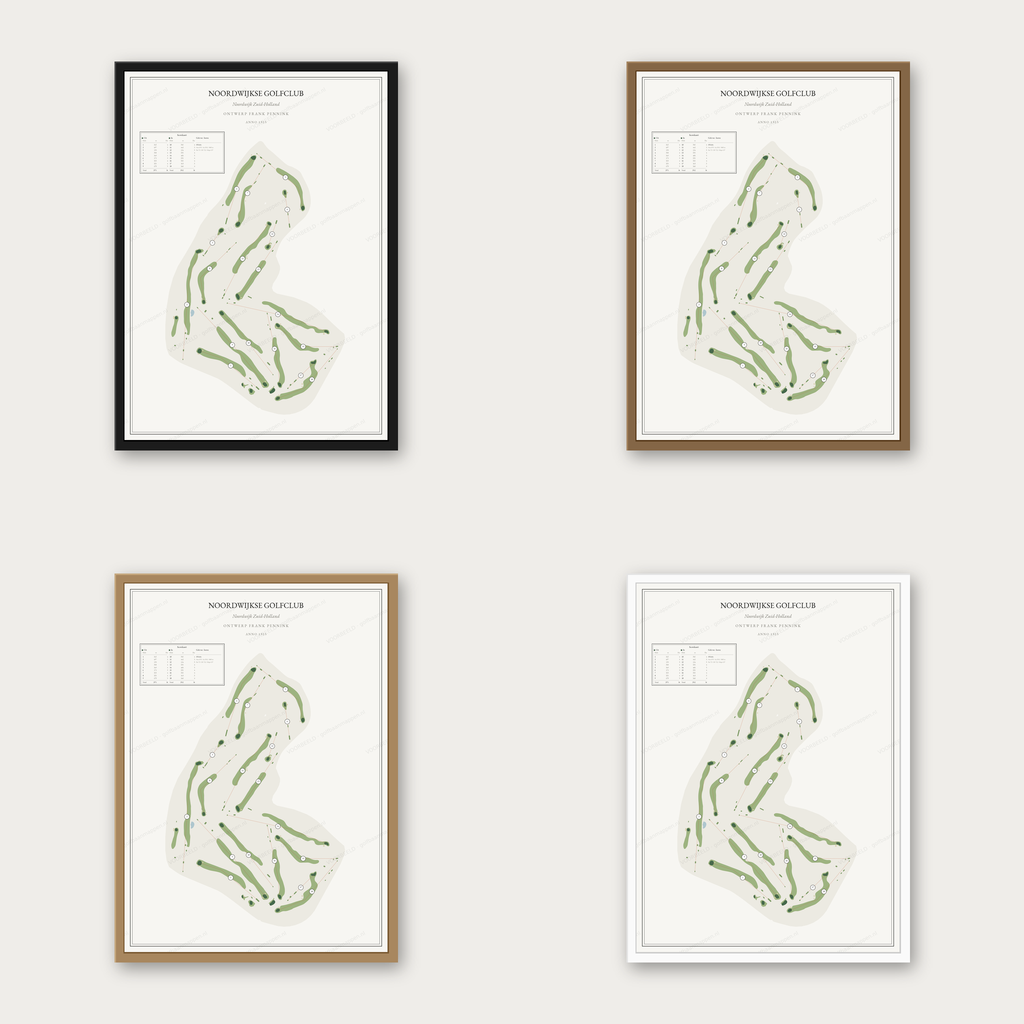 Noordwijkse Golfclub kaartposter in vier lijstkleuren: zwart, donker eiken, licht eiken en wit