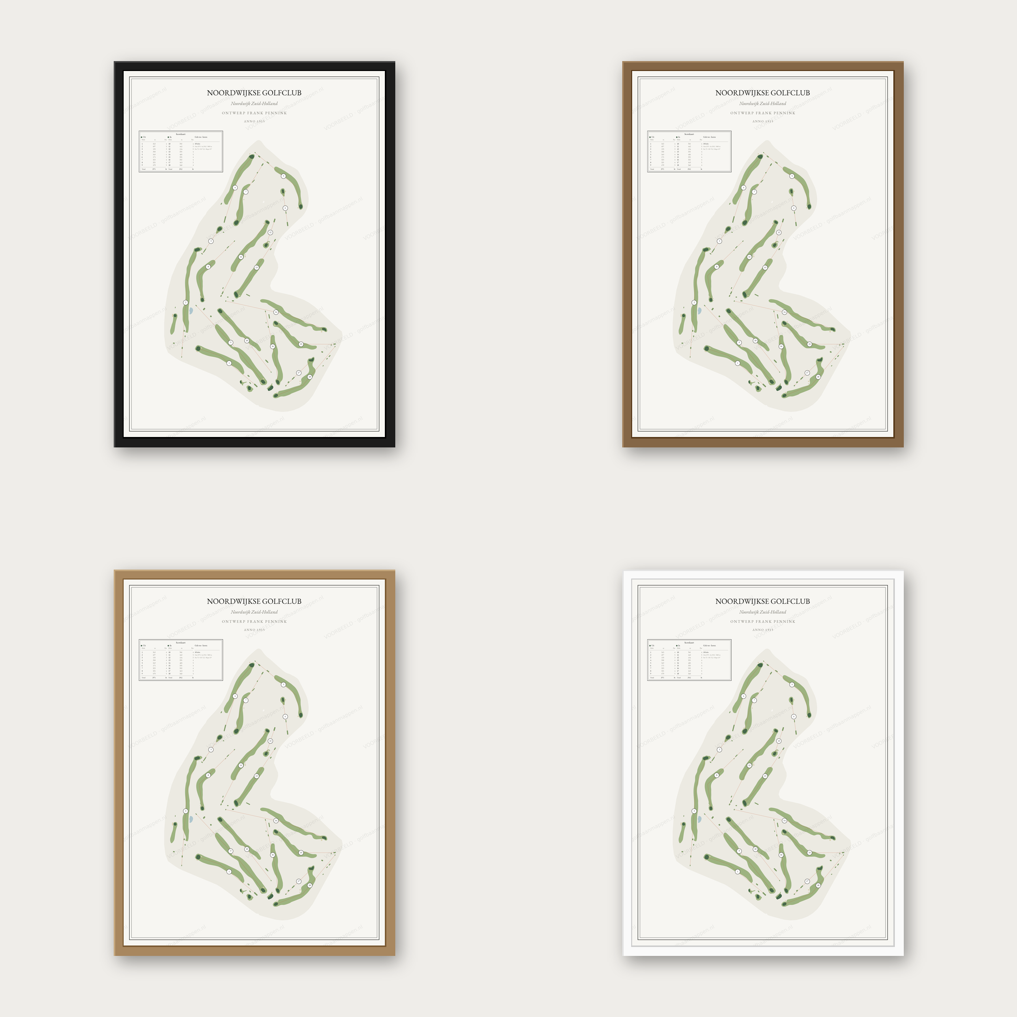 Noordwijkse Golfclub kaartposter in vier lijstkleuren: zwart, donker eiken, licht eiken en wit