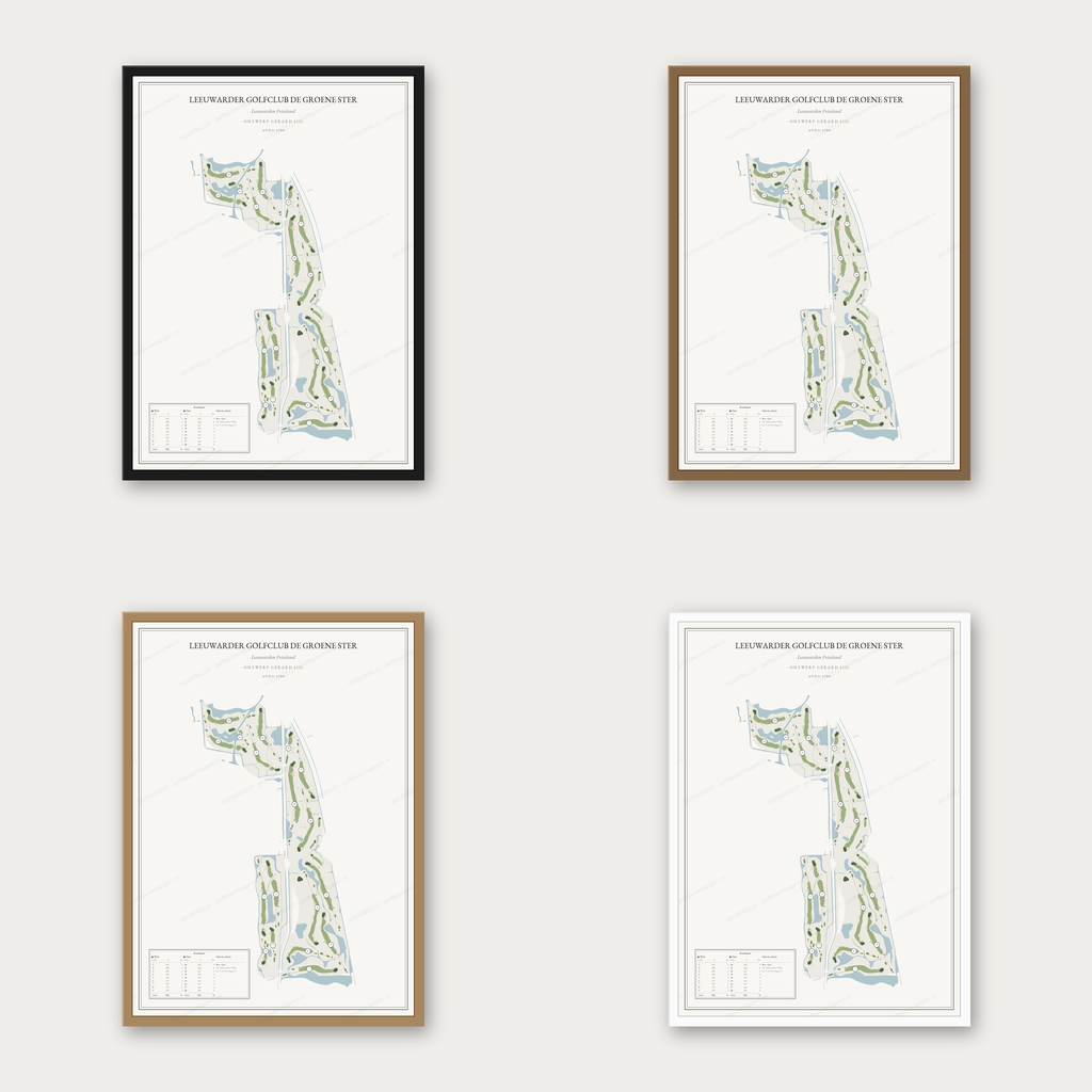 Leeuwarder Golfclub De Groene Ster kaartposter in vier lijstkleuren: zwart, donker eiken, licht eiken en wit