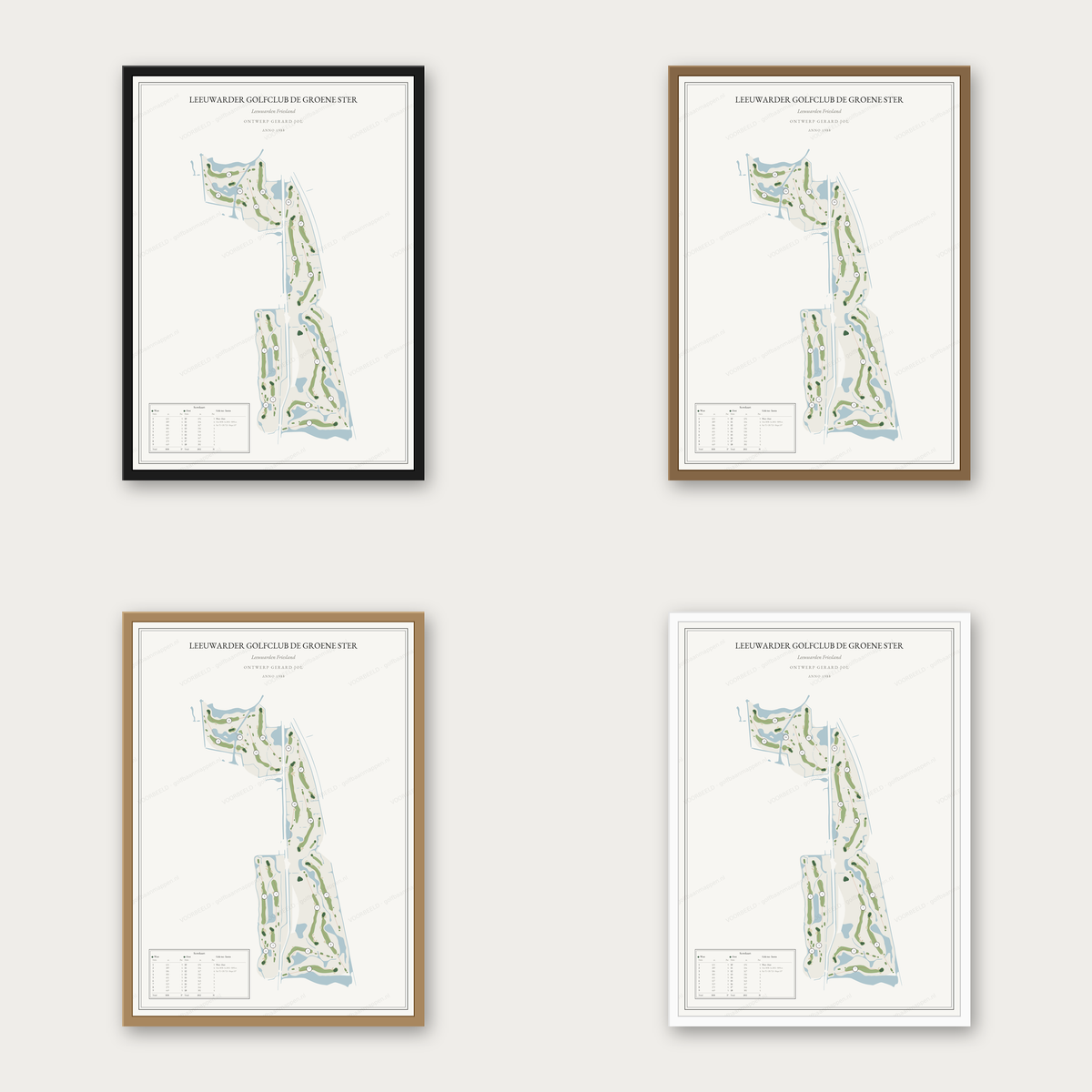 Leeuwarder Golfclub De Groene Ster kaartposter in vier lijstkleuren: zwart, donker eiken, licht eiken en wit