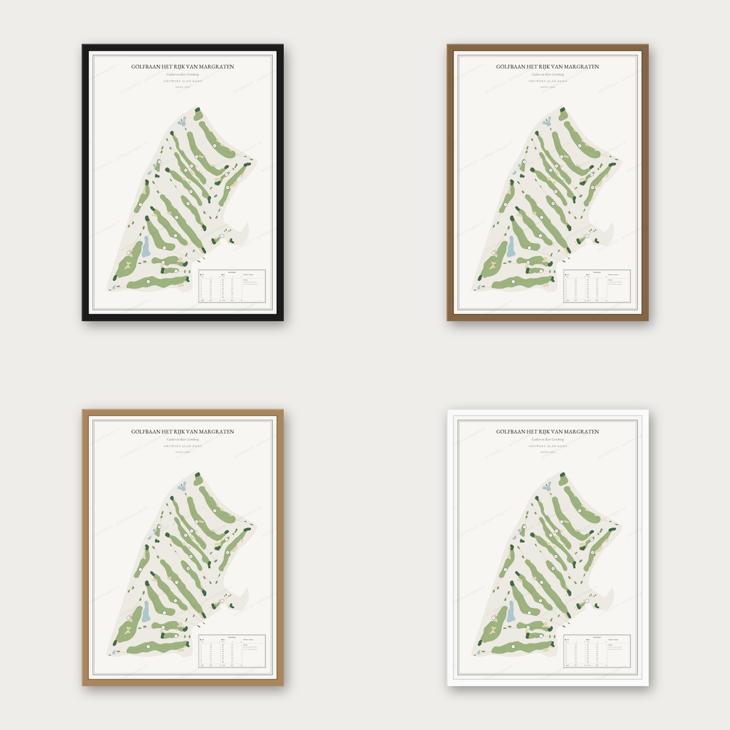 Golfbaan Het Rijk van Margraten kaartposter in vier lijstkleuren: zwart, donker eiken, licht eiken en wit