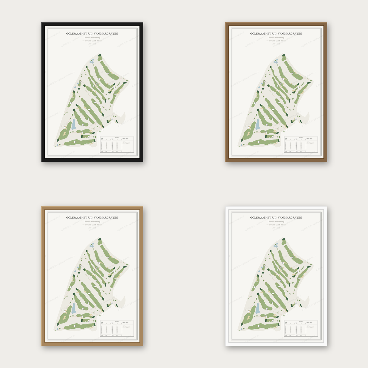 Golfbaan Het Rijk van Margraten kaartposter in vier lijstkleuren: zwart, donker eiken, licht eiken en wit